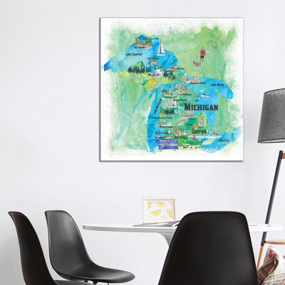 USA, Michigan Illustrated Travel Poster 1 Piece Wrapped Canvas Wall Art