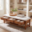 Banc de 55 po en bois massif avec tiroirs, étagère à coussins et à chaussures, banc à chaussures rembourré, banc de rangement de ferme pour vestibule, chambre à coucher, vestibule