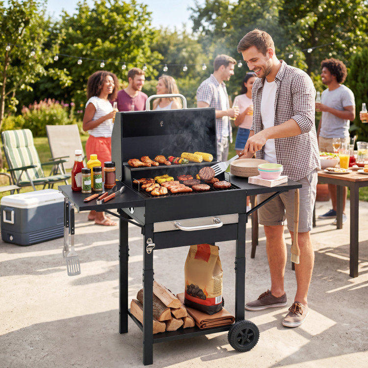 Barbecue au charbon de bois avec 2 tables d'appoint et foyer réglable, 284 pouces carrés.