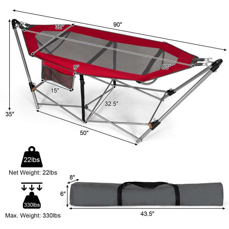 Hamac de camping avec support Fiden, Rouge