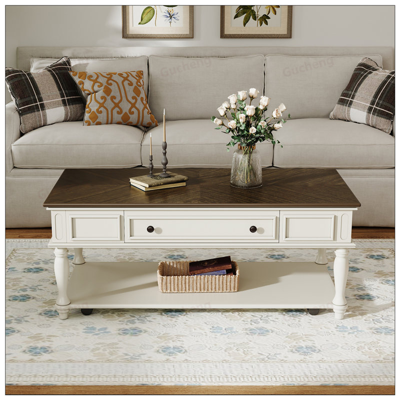 Table basse Retro Farmhouse avec tiroir, roues verrouillables et pieds en bois massif pour faciliter le déplacement et le rangement dans le salon