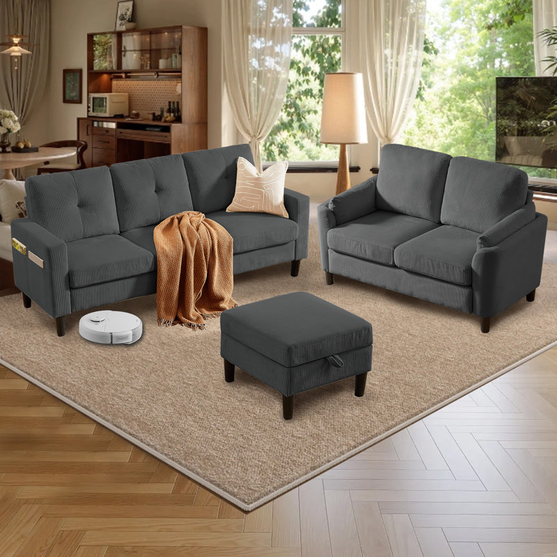 3 Pieces Living Room Sets, Dark Gray Polyester Blend