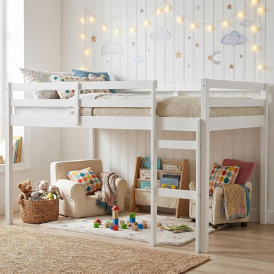 Low Loft Bed Twin Size With Ladder, Wooden Loft Bed For Kids, Junior, Young Teens, Pine Wood Twin Bed Frame, Space-Saving Design, No Box Spring Needed, Easy Assembly, White