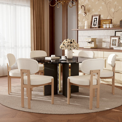 47.2" Round Faux Marble MDF Dining Table Set, Chenille Chairs with Solid Wood Legs for Kitchens, Dining Room, Living Room