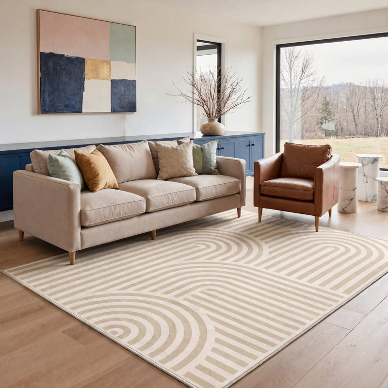 Tapis beige / brun arc lavable à la machine avec envers antidérapant, Rectangulaire 8 pi x 10 pi