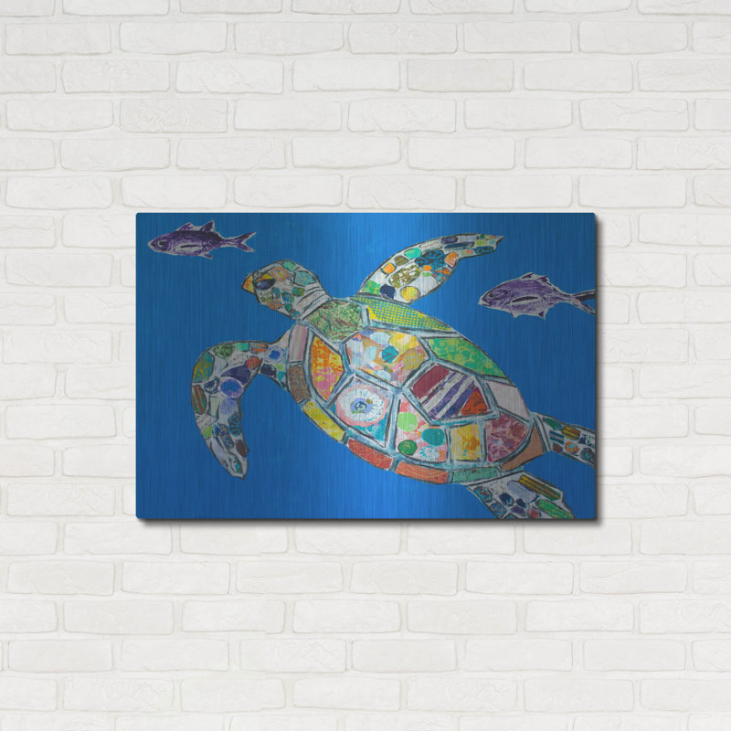 Blue Sea Turtle Metal Wall Art with Colorful Mosaic Design, 36" x 24"