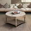Élégante table basse de rangement - ronde, revêtement en lin, pieds en bois, ronde classique avec revêtement pour tablette-131258204