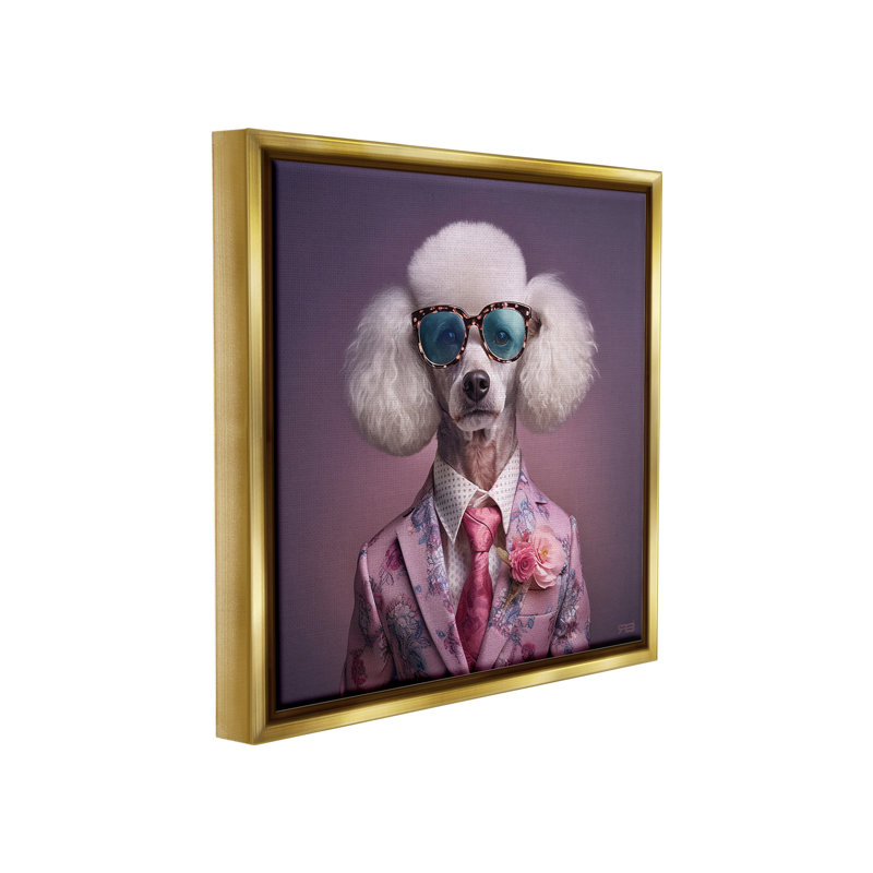 «Poodle In Sleek suit Floater Frame» par RB sur toile, Cadre flottant métallique doré, H 25 po x l 25 po