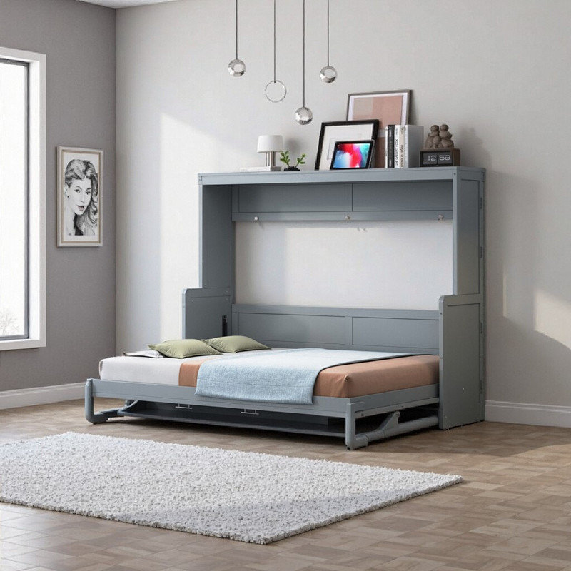 Lit escamotable double avec bureau intégré et charnières hydrauliques, Gris