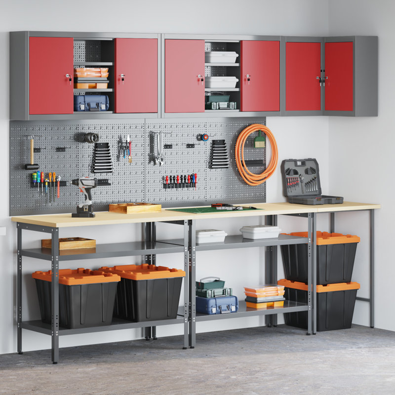 Work Cabinet Set with Shelf with Storage, Red