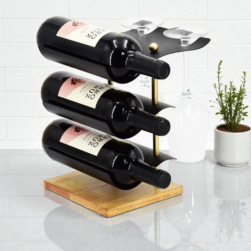 Modern 3 Bottle Tabletop Wine Rack - Black Metal Freestanding Wine Bottle Holder for Kitchen, Dining Room and Bar