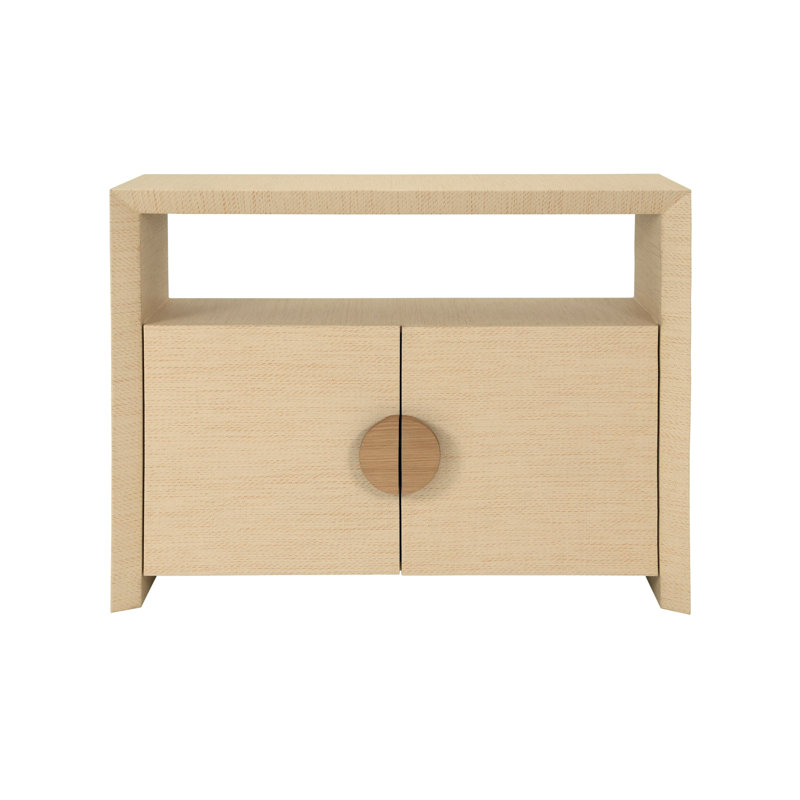 Two Door Console With Open Shelf In Natural Grasscloth With Cerused Oak Handles, Natural