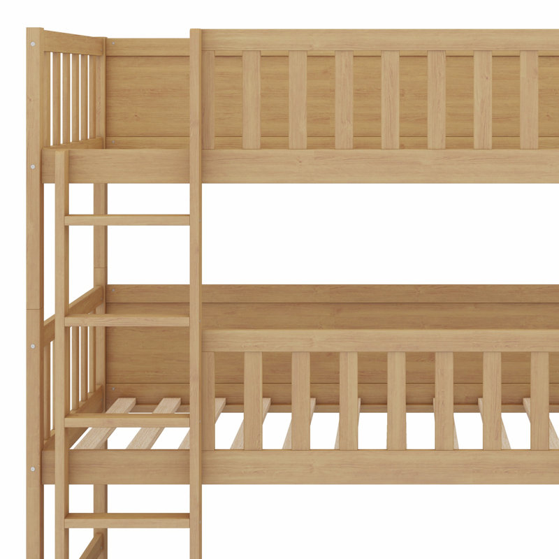 Triple Wood Bunk Bed, With Ladders, Guardrails, White Oak