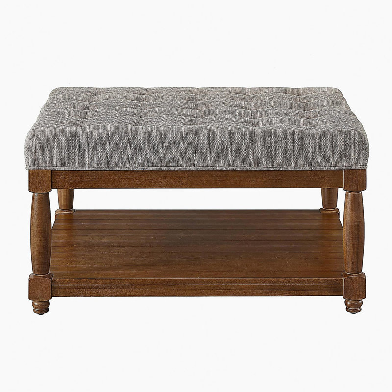 Grande table basse carrée avec repose-pieds en lin capitonné et grand repose-pieds avec tablette en bois massif, Gris