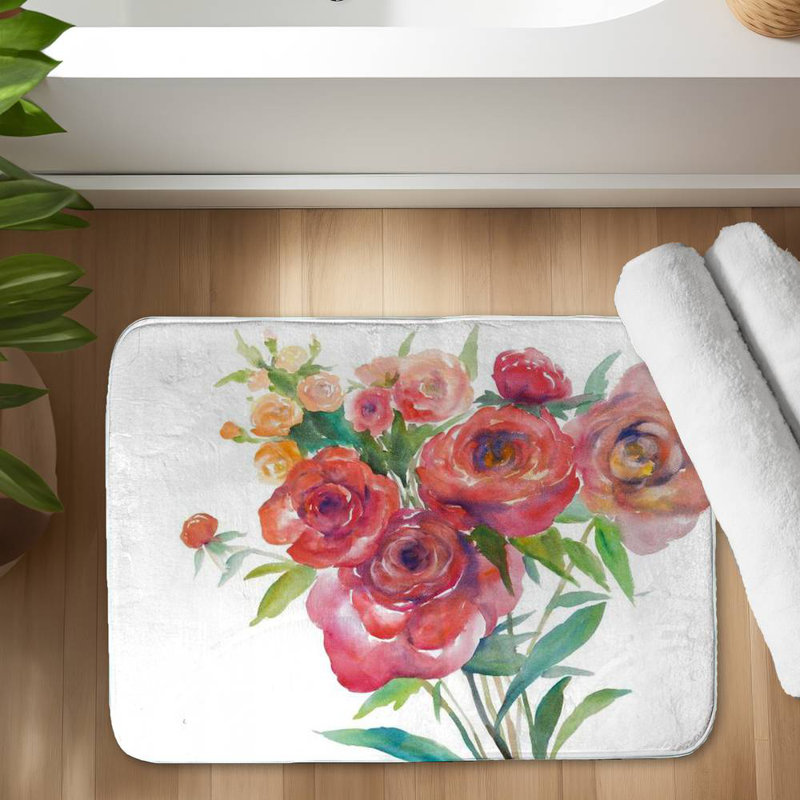 Watercolor bouquet of flowers Bath Mat with Non-Slip Backing - Quick Dry Memory Foam Bathroom Rug - Absorbent - Modern Plush Spa-Style - Machine Washable