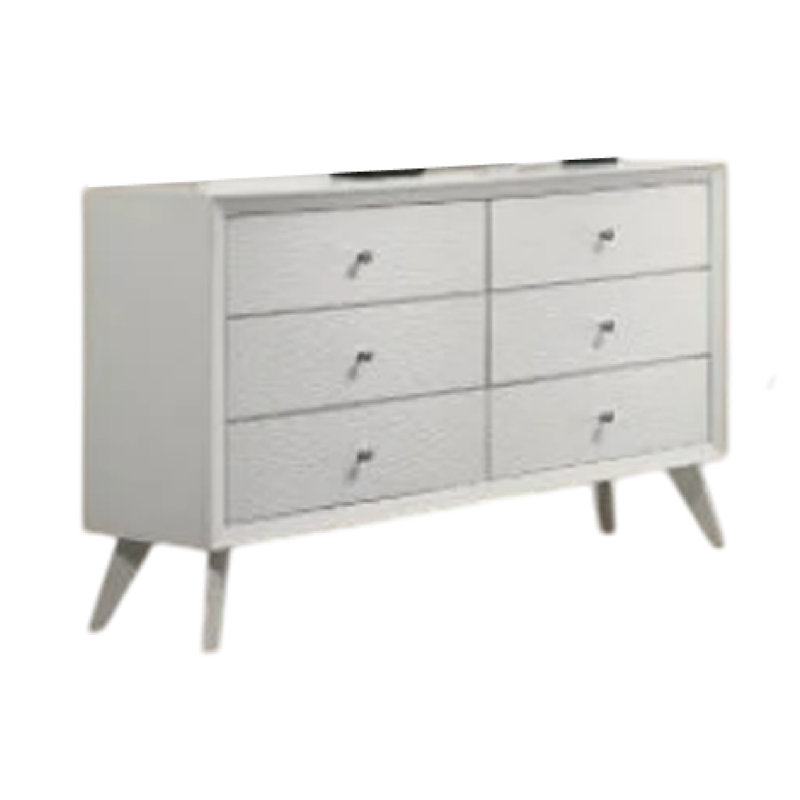 Commode large Tory, 6 tiroirs avec boutons bronze, bois blanc texturé