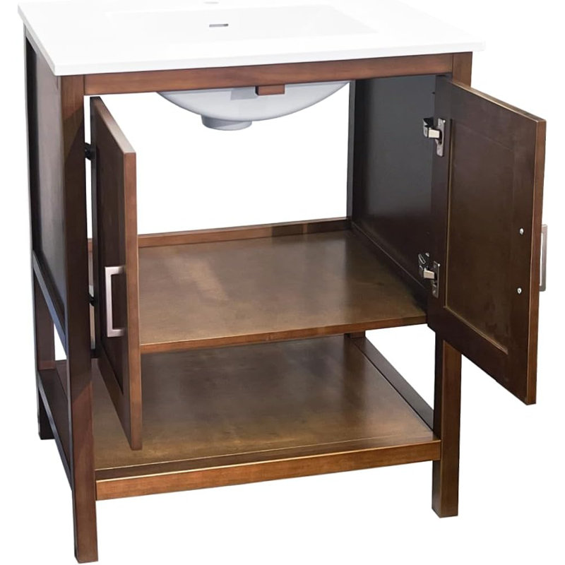 30" Freestanding Bathroom Vanity with Open Shelf, Solid Wood Premium Grade, Sink Base with Top, Natural