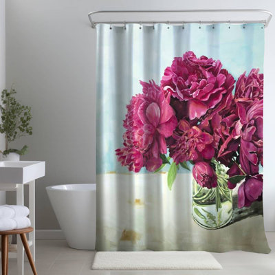 Fuchsia Peony Floral – Polyester Shower Curtain, Dye Sublimation Print, 71" W × 74" L