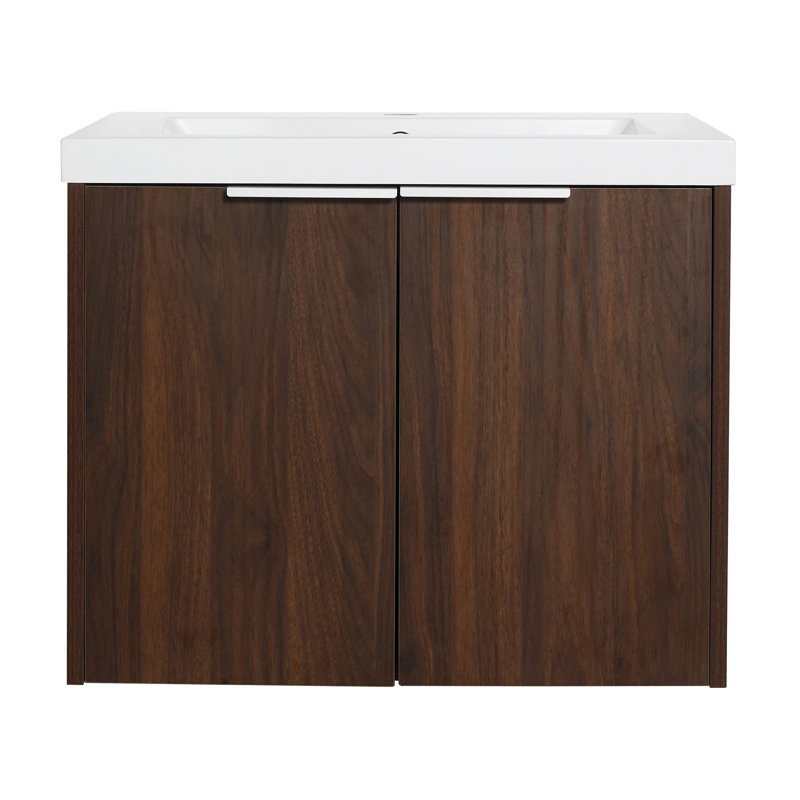 Armoire de salle de bain avec lavabo en résine, portes à fermeture douce, conception à fixation flottante, Noyer, 24"