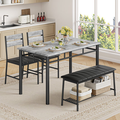 4-Piece Dining Table Set For 4, Kitchen Table With Pu Upholstered Bench and 2 Dining Chairs