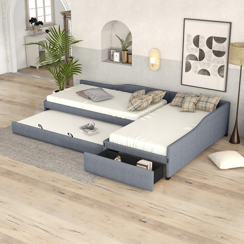 Upholstered Double Daybed with Trundle and Drawer, Gray