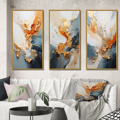 Golden Sunrise Wall Art, Modern Framed Canvas Set - Golden Sunrise Abstract Gold And Nova Blue