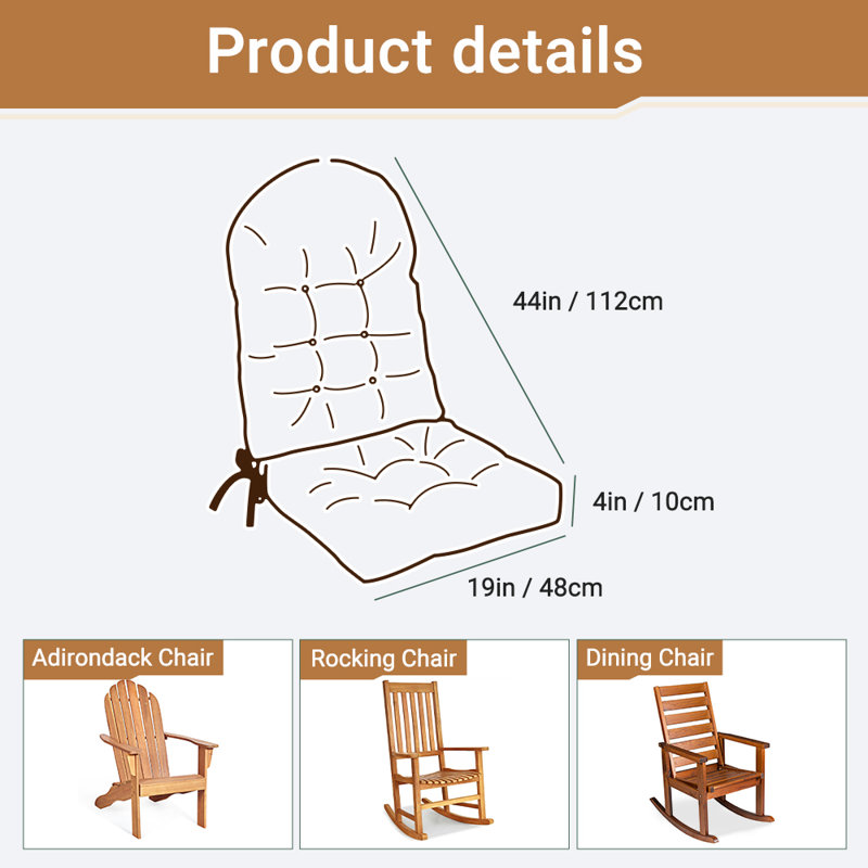 Rocking Chair Cushion Indoor High-Back with Non-Slip Base,Straps and Elastic Band 44"x19"x4" Silver, Silver