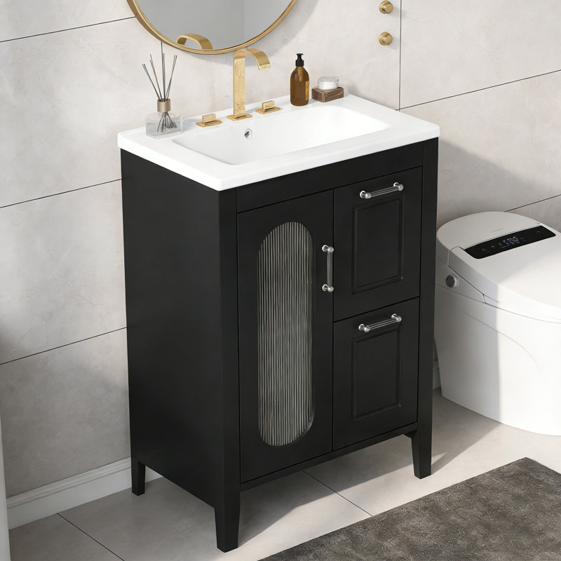 Meuble-lavabo avec lavabo, deux tiroirs et tablette réglable, Noir