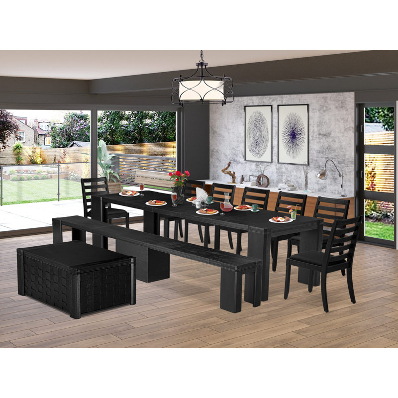 Ensemble de 10 tables de salle à manger modernes comprenant une table basse, une table basse, un banc en bois et 7 chaises empilables en polyester noir, noir brossé