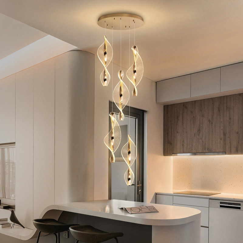 Lustre moderne à 5 lumières DEL en acrylique à intensité variable dorée, 3600 Lumens, 78.7" H x 15.7" W x 15.7" D, Gold