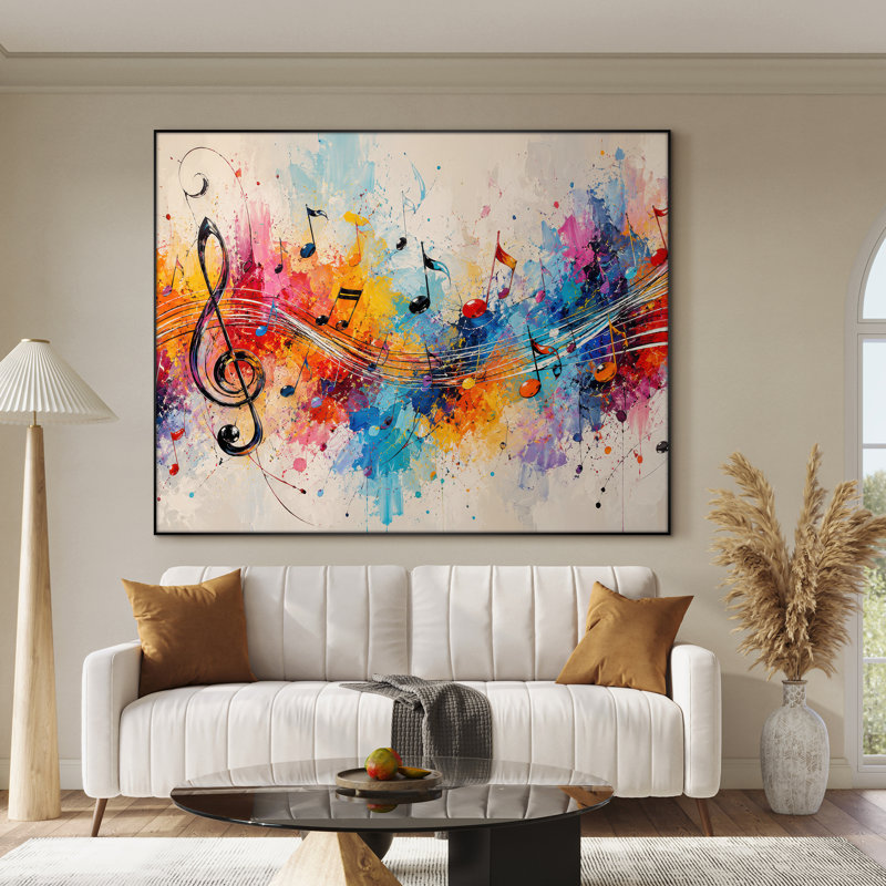Très grand art mural imprimé sur tissu - Notes de musique colorées orange, décoration de salle de jeu contemporaine - "Assemblage requis (cadre non fini)"