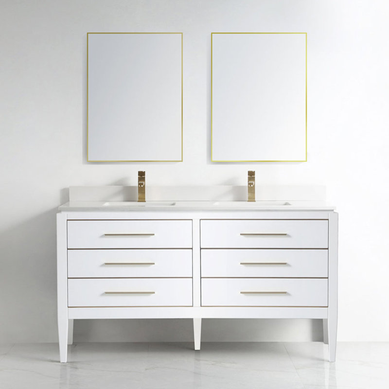 Ayer 60" White and Brass Double Bathroom Vanity Set