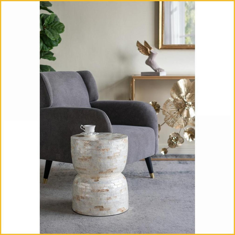 Decorative Bamboo Hourglass Stool with Gold &amp; White Capiz Shell Finish | Gold+White | MDF