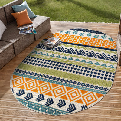 Duxbury Geometric Bohemian Indoor/Outdoor Area Rug Orange/Navy/Green