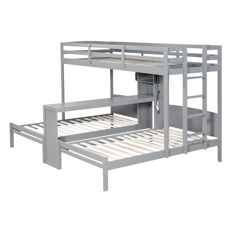 Twin over Twin Bunk Bed with Built-in Desk, Storage Shelves & LED Reading Light,Gray, Gray