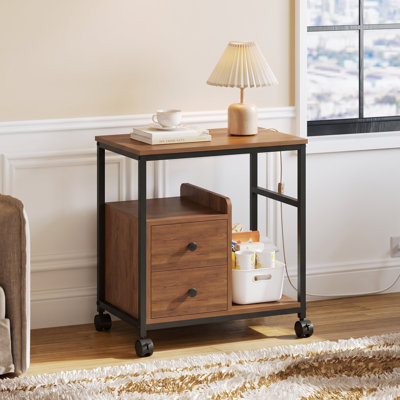 Table de bout avec roulettes et 2 tiroirs de rangement, table de chevet mobile avec tablette ouverte, plateau en bois et structure en métal robuste, table d'appoint roulante pour le salon, la cuisine, le bureau, P 14,9 po x l 23,6 po x H 25,7 po