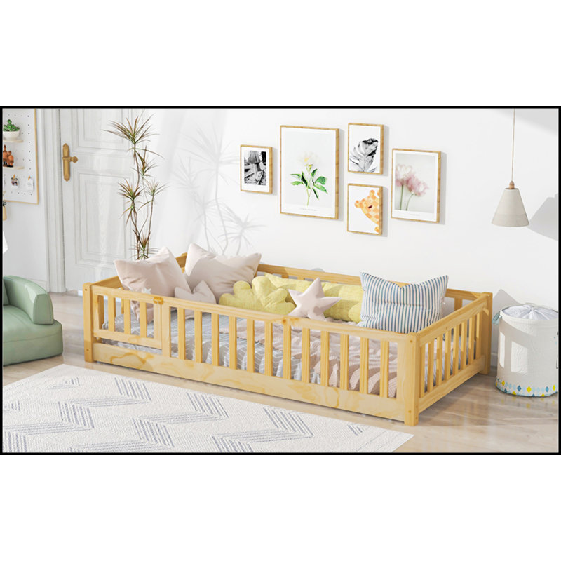 Lit plateforme au sol avec garde-corps et porte, Naturel, Lit simple