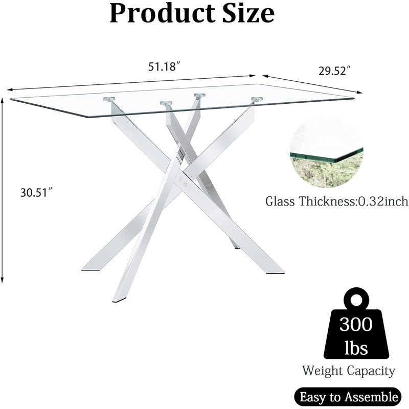 51" Rectangular Glass Dining Table for 4, Modern Kitchen Glass Top Table with Metal Legs, Clear Dining Table Kitchen Table for Home Office Dining Room