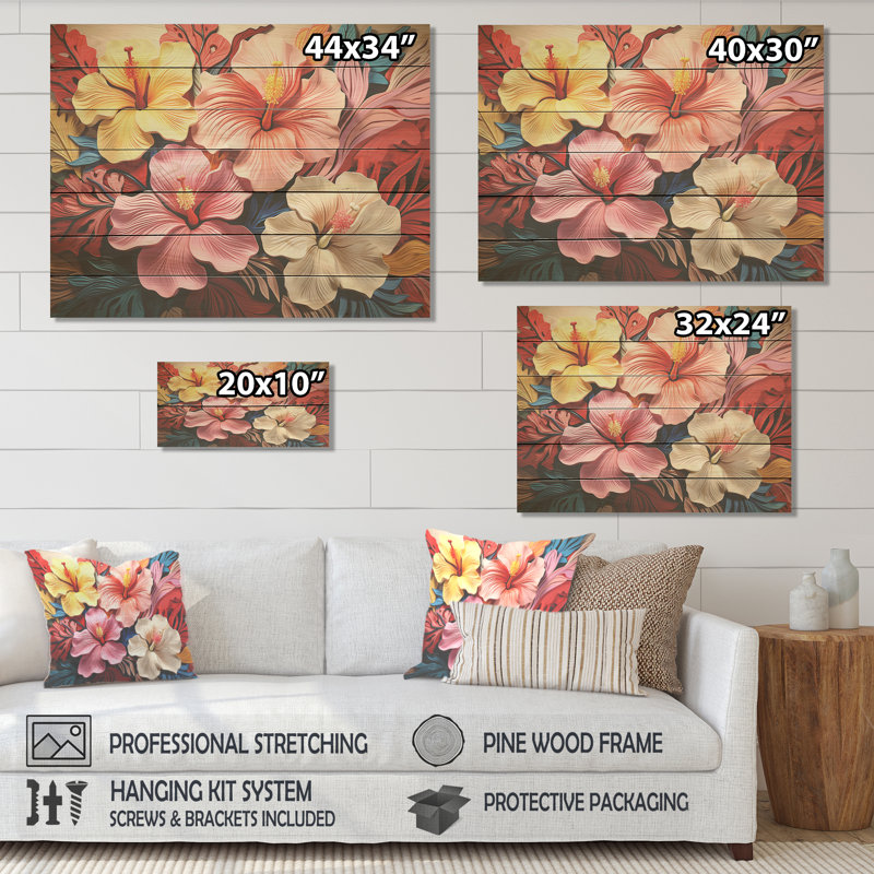 Fleurs colorées d'hibiscus harmonie florale I - Hibiscus sur bois, H 34 po x l 44 po