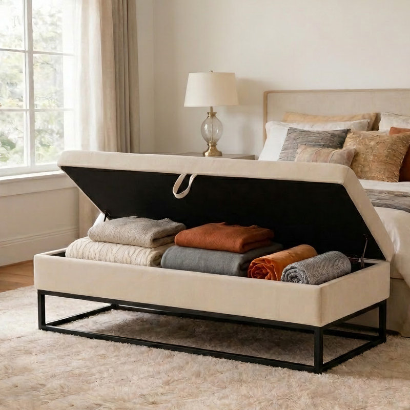 Maran Velvet Upholstered Storage Bench, Beige