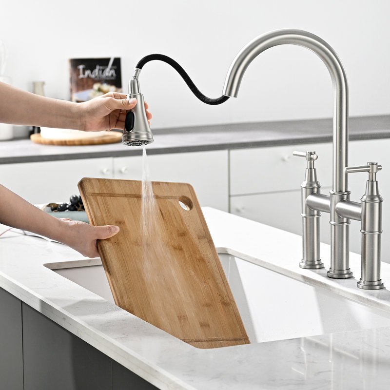 Kitchen Sink 3 Hole Faucet With Pull-Down , Brushed Nickel, 2 Handles, Stylish Classic Design, Brushed Nickel