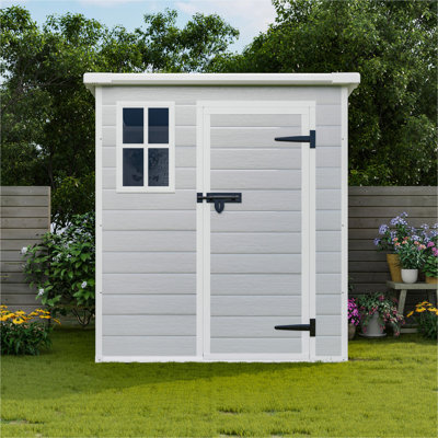 Remise de rangement 6 x 6 pi, remise extérieure en résine imperméable avec plancher et fenêtre et portes et évents verrouillables, remise à outils pour vélo, jardin, cour, pelouse, utilisation toutes saisons, gris clair