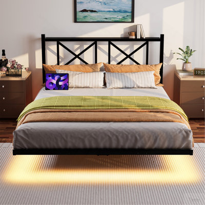 Cadre de lit flottant pour grand lit avec tête de lit et rangement, cadre de lit plateforme avec station de charge USB et lumières DEL, lattes en acier robustes, assemblage facile, noir
