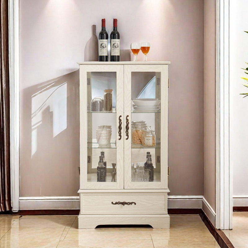 Glass Cabinet Lighted Glass Cabinet Curio Display Cabinet With Adjustable Glass Shelves 2 Doors And 1 Drawer Cabinet Bulb Included