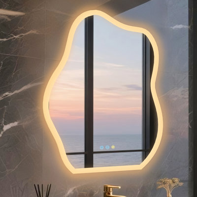 Élégant miroir de meuble-lavabo mural irrégulier à bordure en pierre avec 3 lumières de température de couleur Blaklit à intensité variable, 3 interrupteurs à capteur tactile à brancher