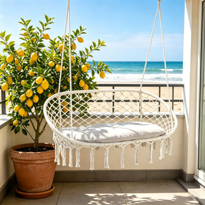 2-Person Hammock Chair with Macrame Swing, Soft Cushion, and Hanging Cotton Rope for Cozy Outdoor Relaxation