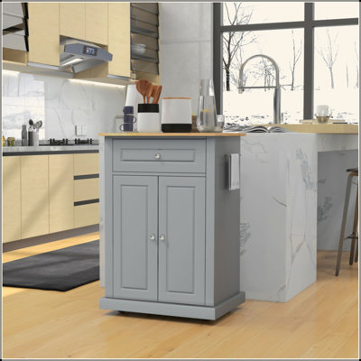 Rolling Kitchen Island Cart, Portable Serving Trolley Table With Drawer, Adjustable Shelf And 2 Towel Racks