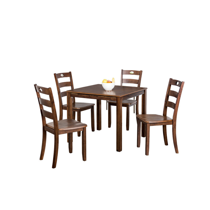 Ensemble de table de salle à manger 5 pièces Lasie, 4 chaises, dossier à lattes, bois massif brun