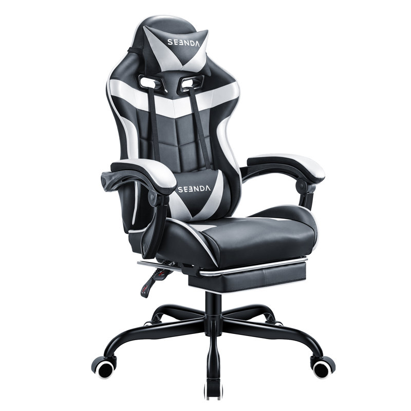 Fauteuil de jeu inclinable, ergonomique et pivotant en cuir synthétique haut dossier avec repose-pieds, Blanc/Noir
