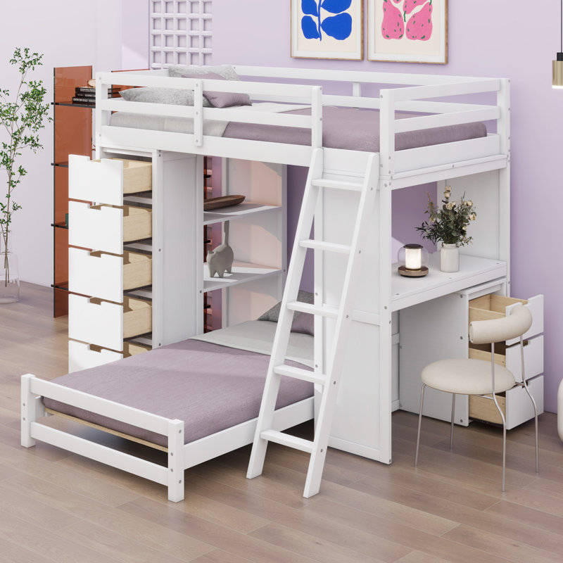 Lit superposé avec lumière DEL et ports USB, tiroirs, tablettes et bureau, blanc